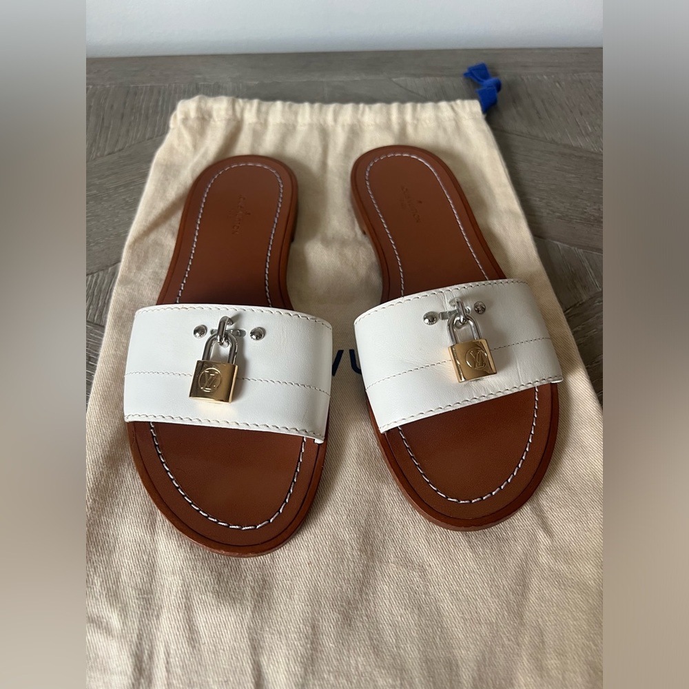 SOLD Louis Vuitton Leather Lock It Brown And White Sandals Pre Owned Sz 5.5
